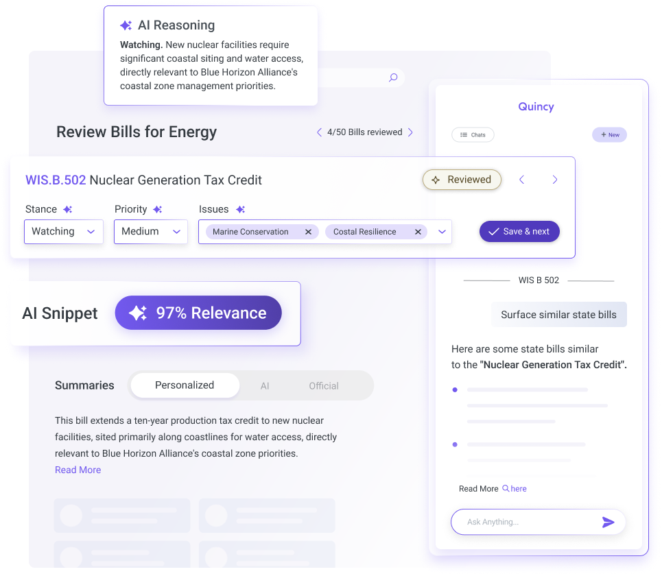 Bill Tracker Agent interface showing suggested stance, priority, and issue for tracked legislation